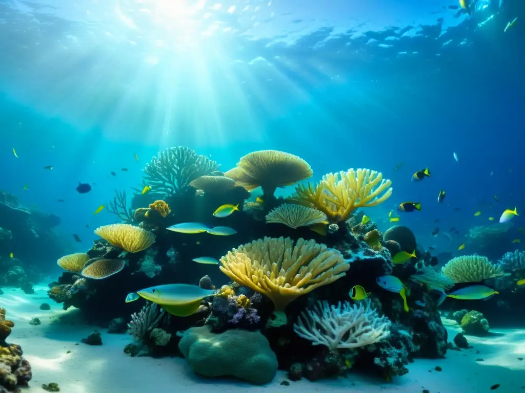 Un arrecife de coral vibrante, repleto de vida marina y colores, muestra la belleza del ambiente marino