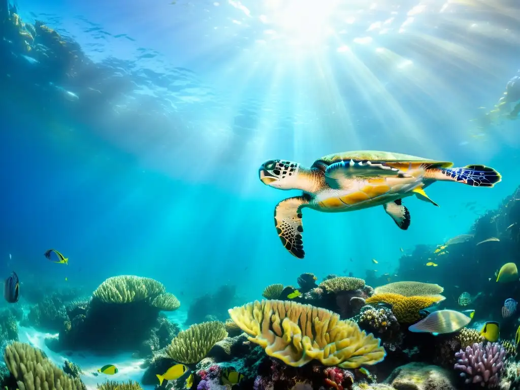 Un arrecife de coral vibrante, repleto de vida marina, con peces exóticos y una tortuga majestuosa