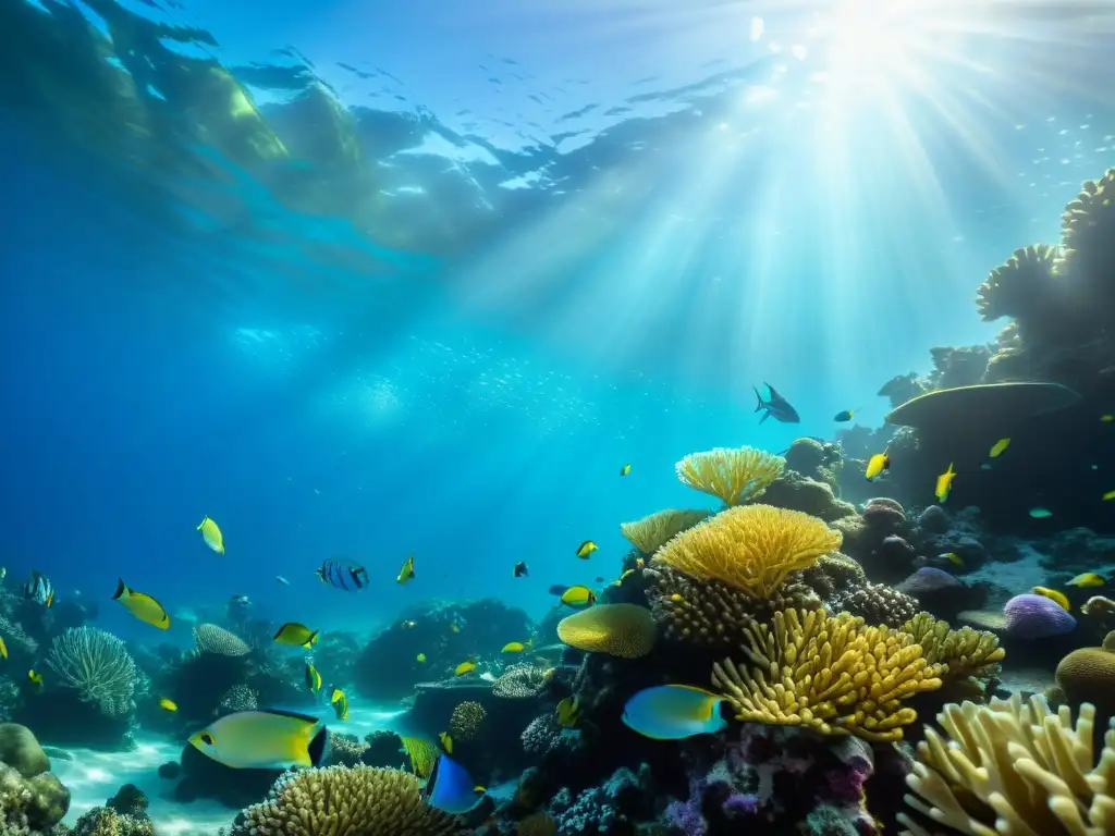 Un arrecife de coral vibrante repleto de peces coloridos, plantas marinas ondeantes y rayos de sol filtrándose desde la superficie