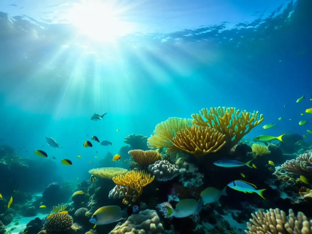 Un arrecife de coral vibrante y repleto de vida marina bajo el agua, iluminado por la luz solar