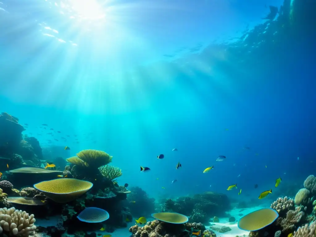 Un arrecife de coral vibrante y repleto de vida marina, bañado por la luz del sol