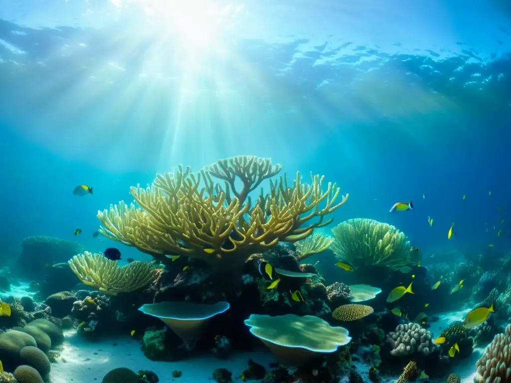 Un arrecife de coral vibrante, repleto de vida marina y plantas marinas, bañado por la luz del sol