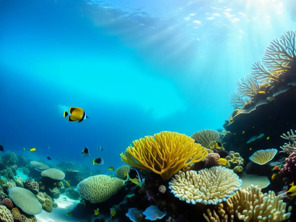 Un arrecife de coral vibrante y repleto de vida marina, con peces coloridos y plantas marinas, evocando la belleza del mundo submarino