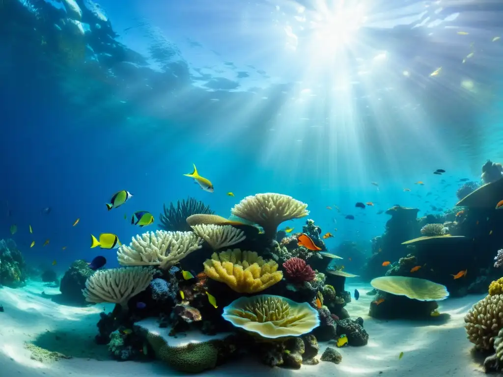 Un arrecife de coral vibrante repleto de vida marina colorida, impacto cambio climático aves marinas, rodeado de agua cristalina y plantas ondulantes