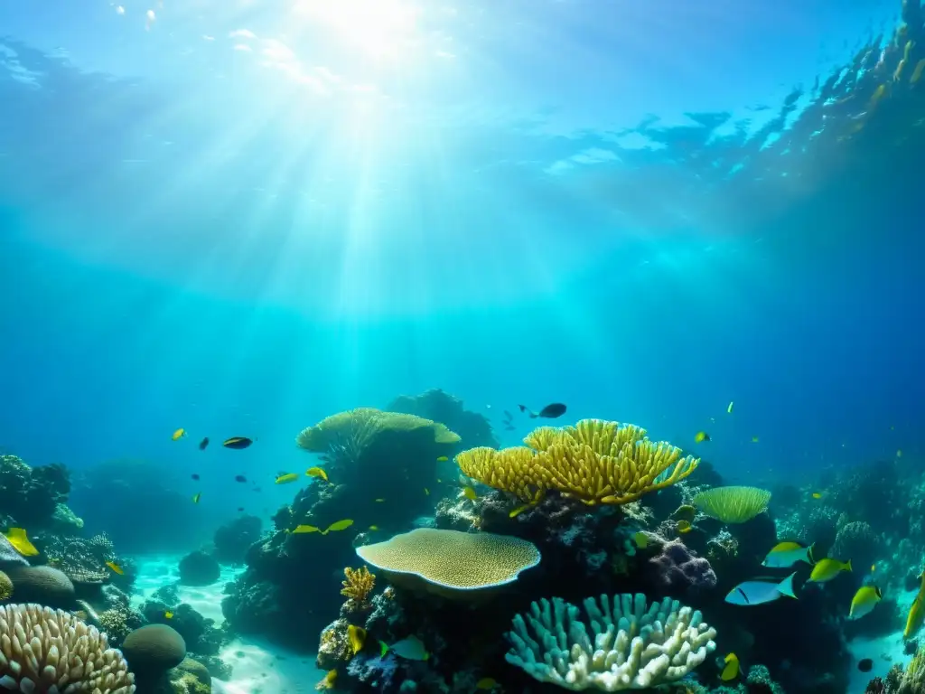 Un arrecife de coral vibrante, repleto de vida marina y plantas marinas, bajo el agua cristalina