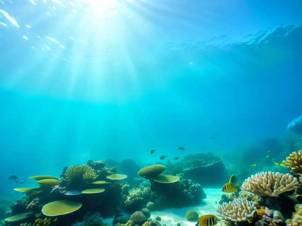 Un arrecife de coral vibrante repleto de mariscos sostenibles como camarones, langostas y peces