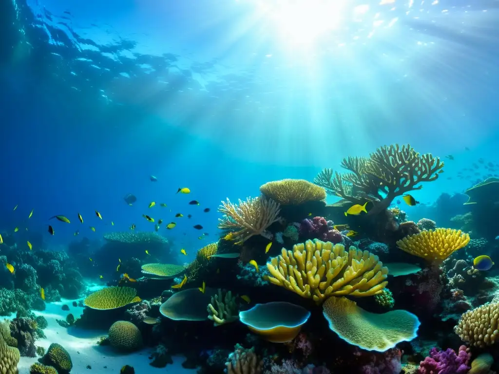 Un arrecife de coral vibrante y repleto de vida marina, iluminado por el sol y capturado en detalle cristalino