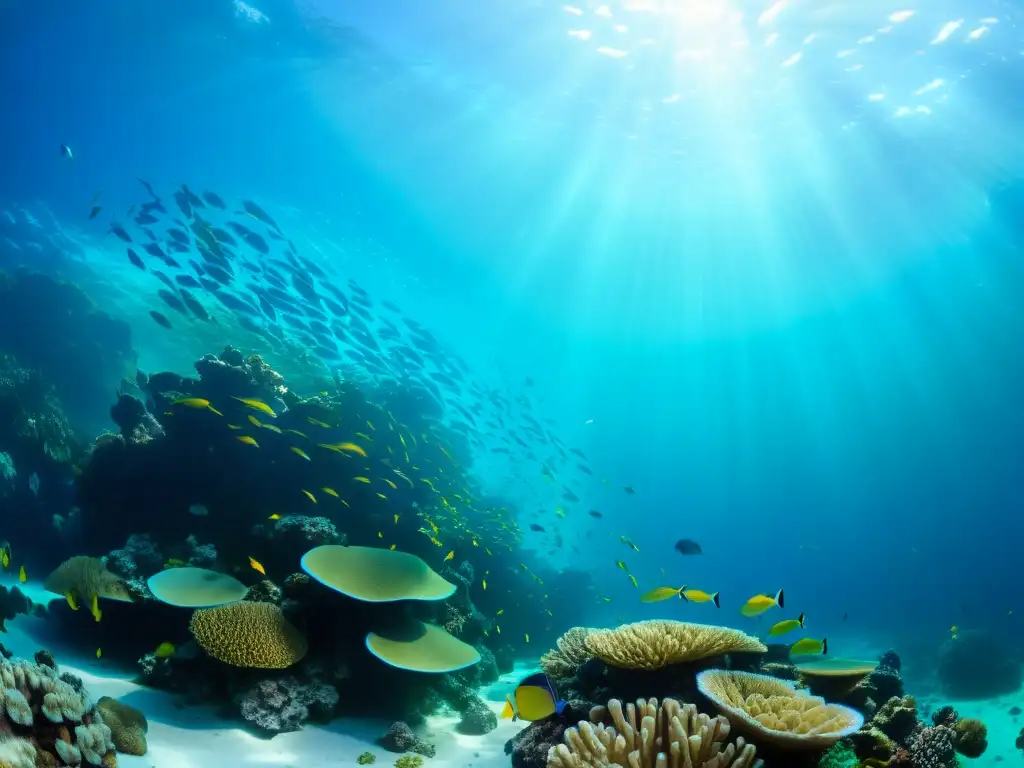 Fotografía submarina: un arrecife de coral vibrante y vida marina colorida bajo el agua cristalina, con juegos de luz y sombra en el fondo del océano