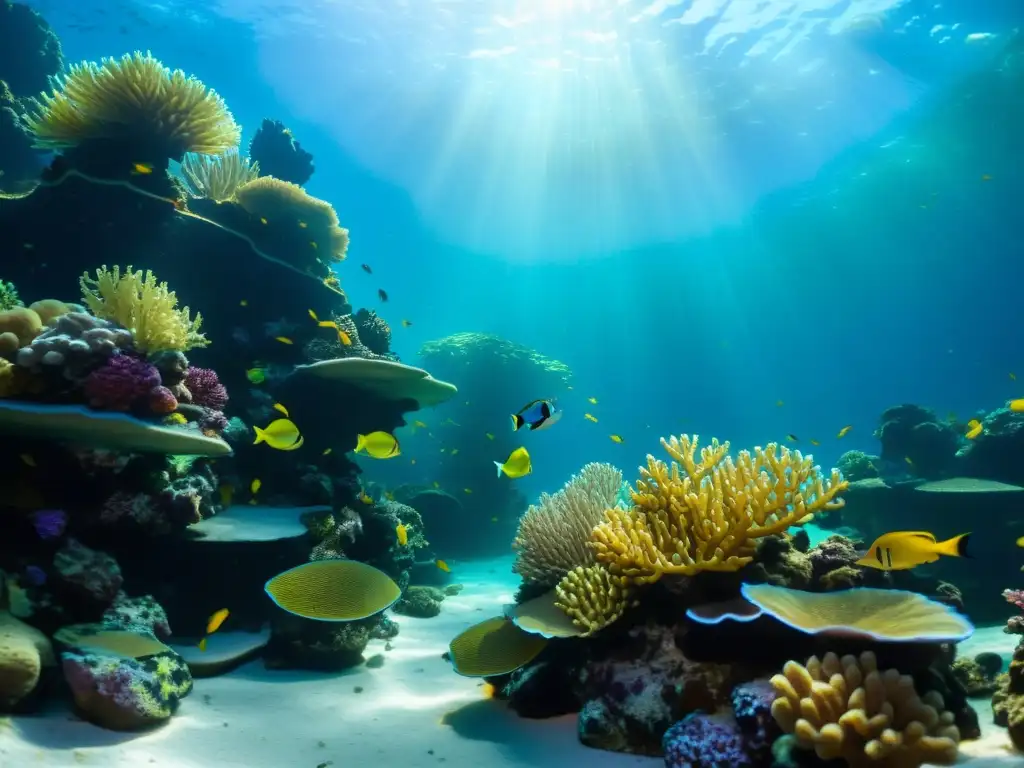 Un arrecife de coral vivo en un acuario marino iluminado, con peces coloridos entre las corales