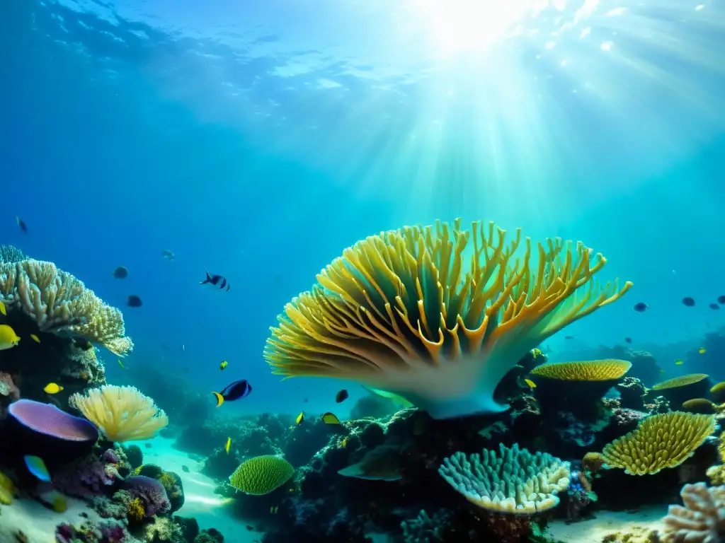 Un arrecife de coral rebosante de vida y color, con peces tropicales en un mar cristalino