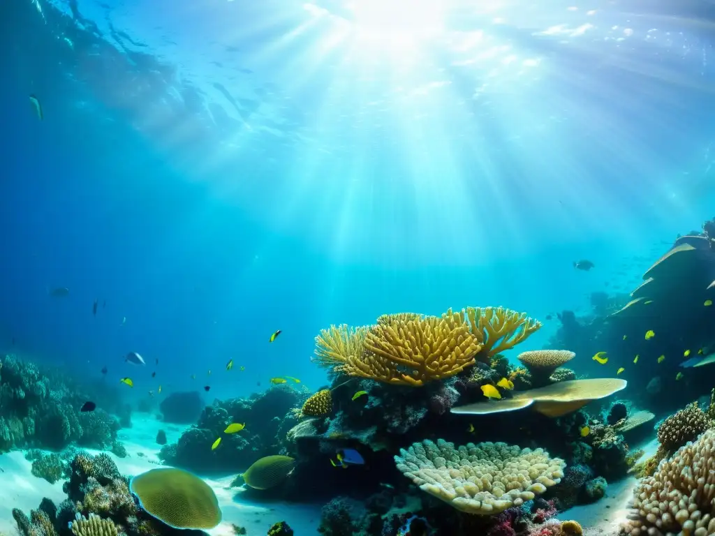 Un arrecife de coral rebosante de vida marina inspiradora, con peces coloridos y tortugas marinas