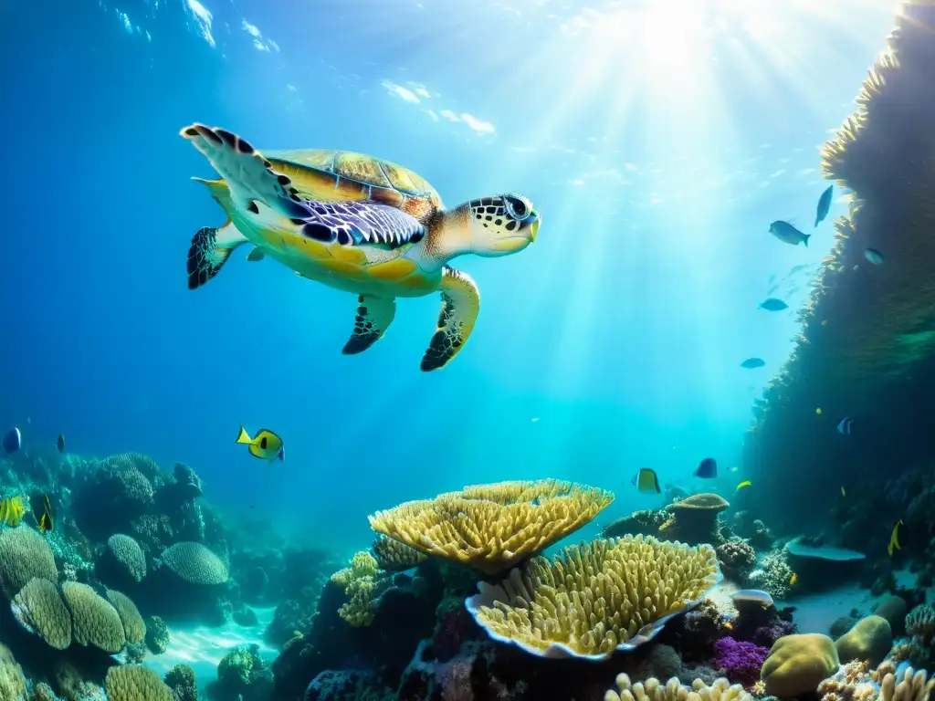 Un arrecife de coral rebosante de vida marina, con peces de colores, un tranquilo ambiente submarino y límites de conservación marina