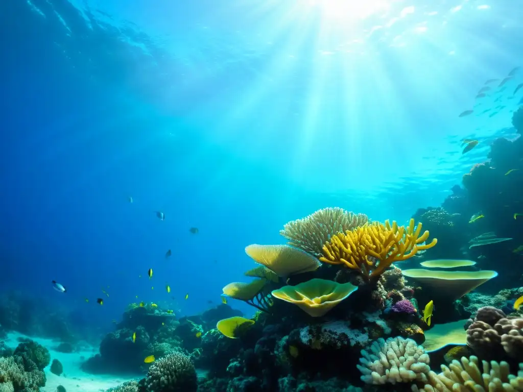 Un arrecife de coral rebosante de vida marina, iluminado por la luz del sol en aguas cristalinas