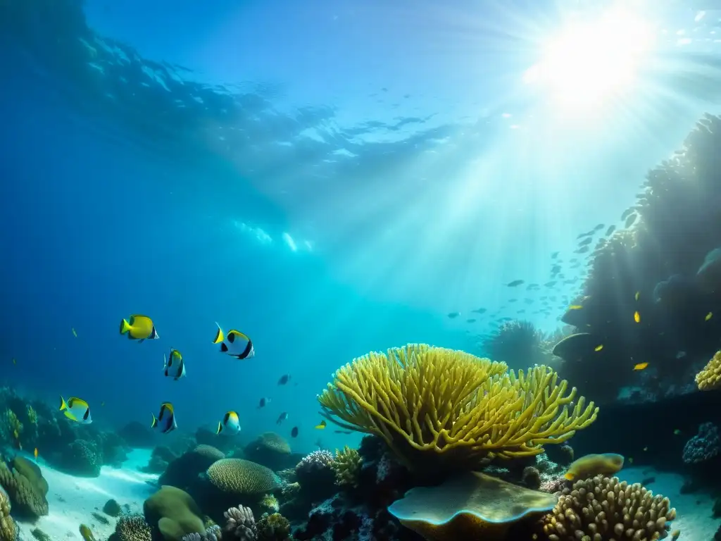 Un arrecife de coral rebosante de vida marina colorida y diversa, iluminado por la luz del sol filtrada a través del agua