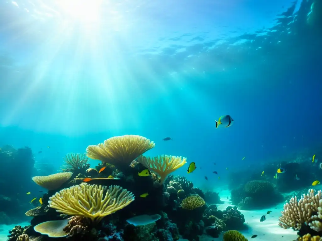 Un arrecife de coral rebosante de vida marina, con peces coloridos y formaciones coralinas, bajo la luz del sol