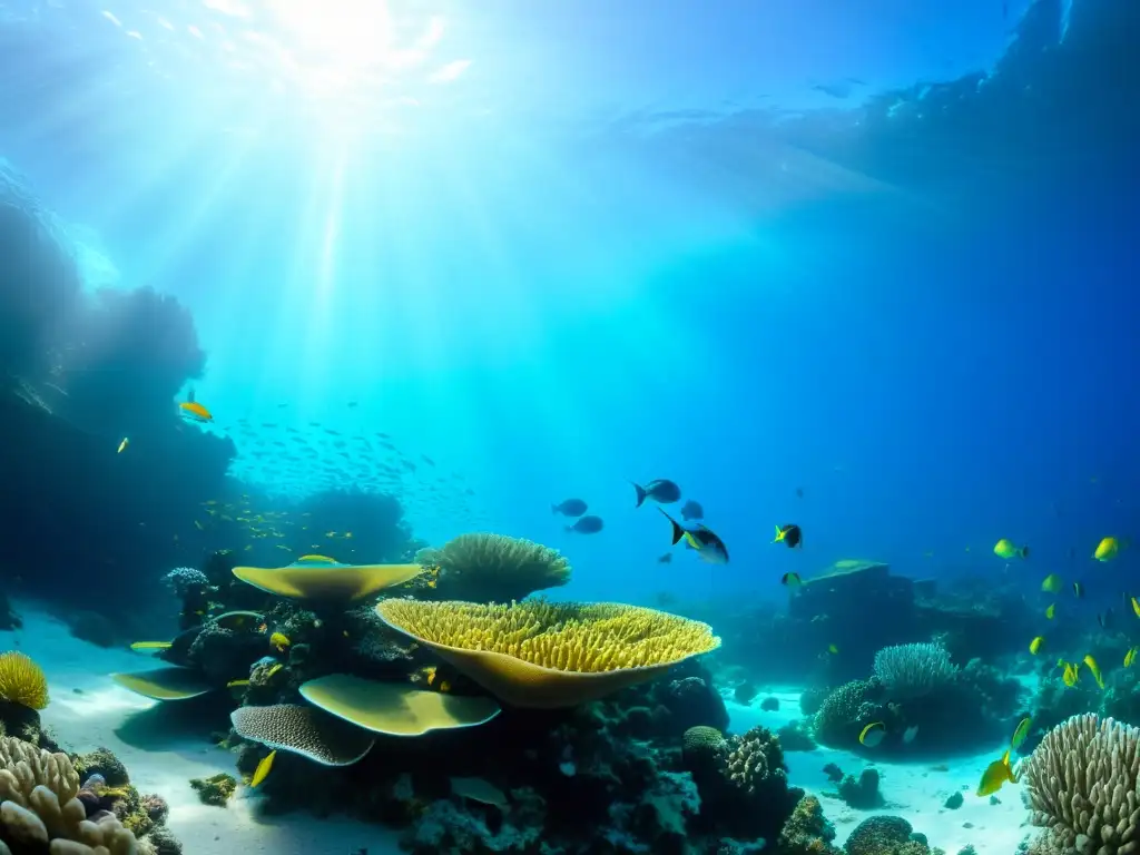 Un arrecife de coral rebosante de vida marina y peces coloridos bajo el agua clara, iluminado por los rayos de sol