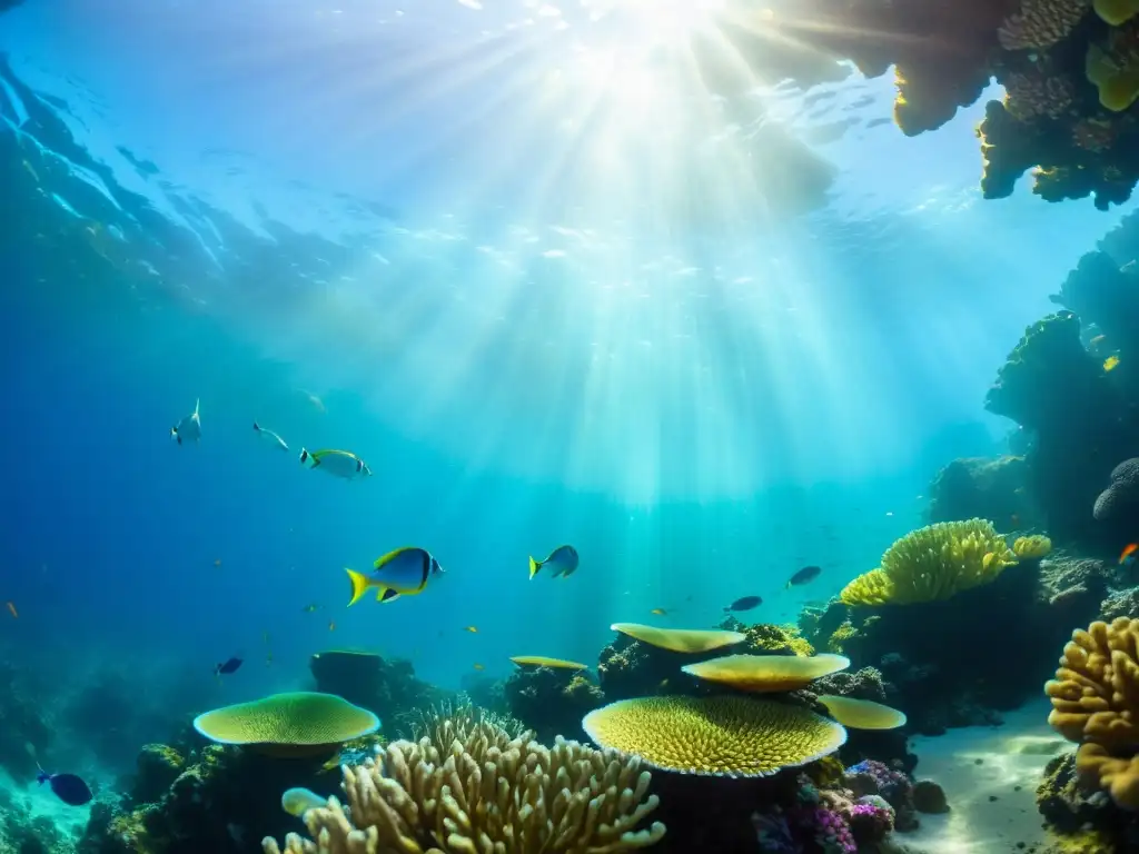 Un arrecife de coral vibrante bajo el agua cristalina, con peces iridiscentes