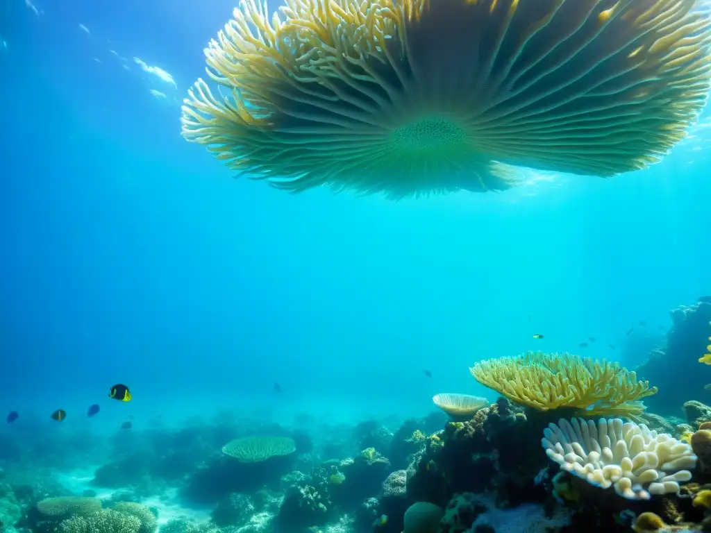 Un arrecife de coral vibrante bajo el agua, con una diversidad de vida marina