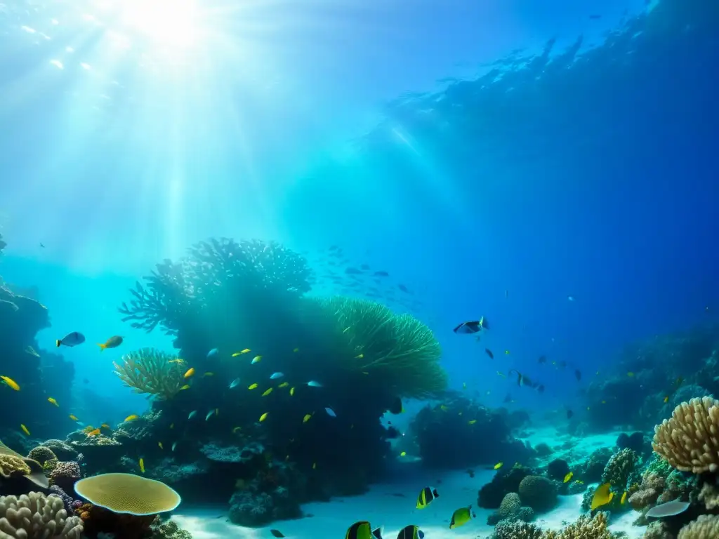 Un arrecife de coral vibrante bajo el agua, iluminado por el sol y repleto de vida marina