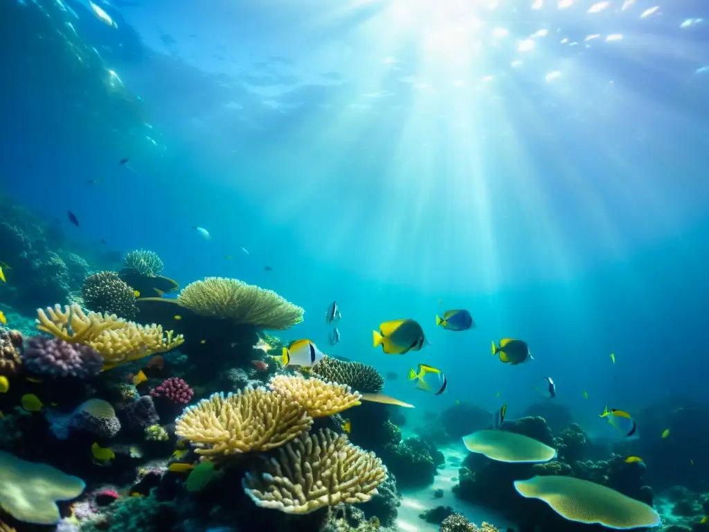 Un arrecife de coral vibrante bajo el agua, con juegos de luz y sombra