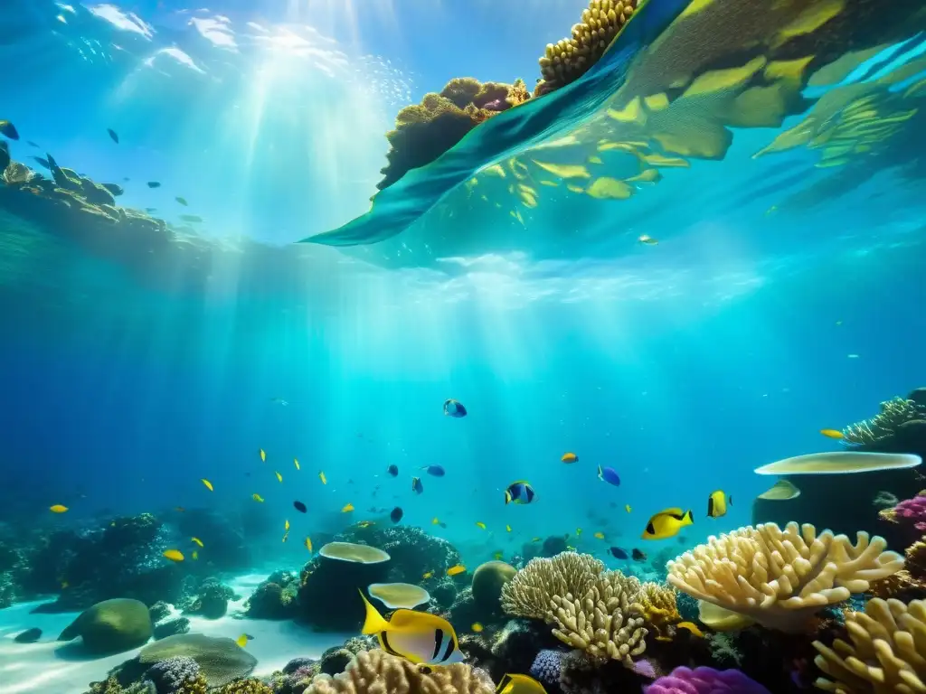 Un arrecife de coral vibrante bajo el agua, lleno de peces coloridos y burbujas, reflejando avances en sistemas de aireación acuario