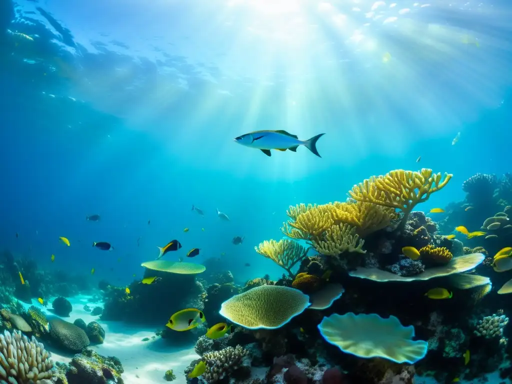 Un arrecife de coral vibrante bajo el agua, con peces coloridos y plantas marinas