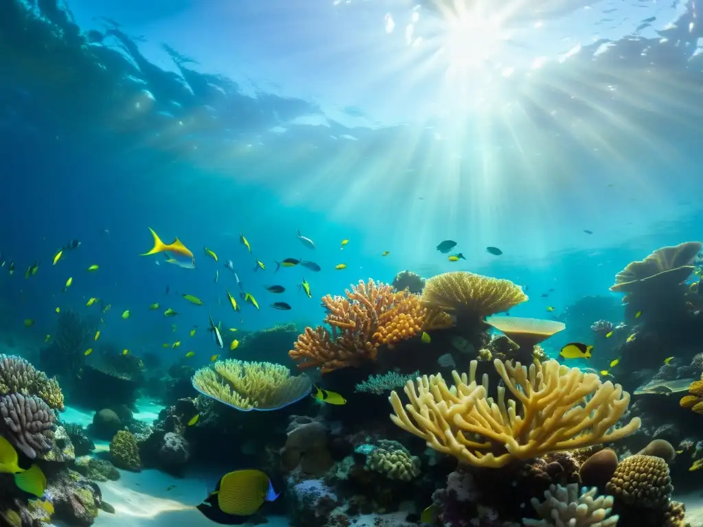 Un arrecife de coral vibrante bajo el agua con peces coloridos y una tortuga marina majestuosa