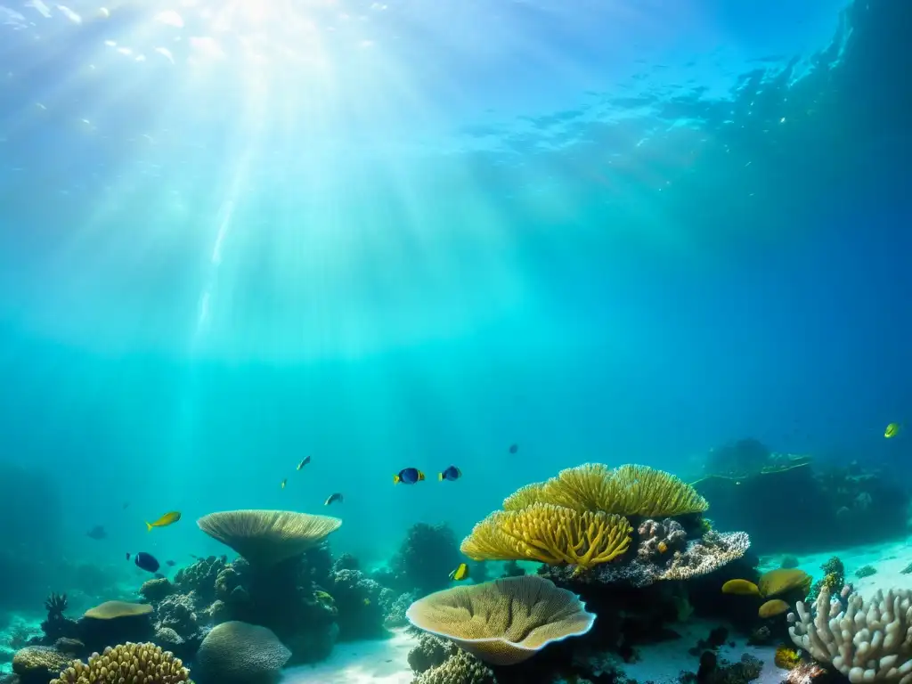 Un arrecife de coral vibrante bajo el agua turquesa, con peces coloridos, algas y formaciones de coral