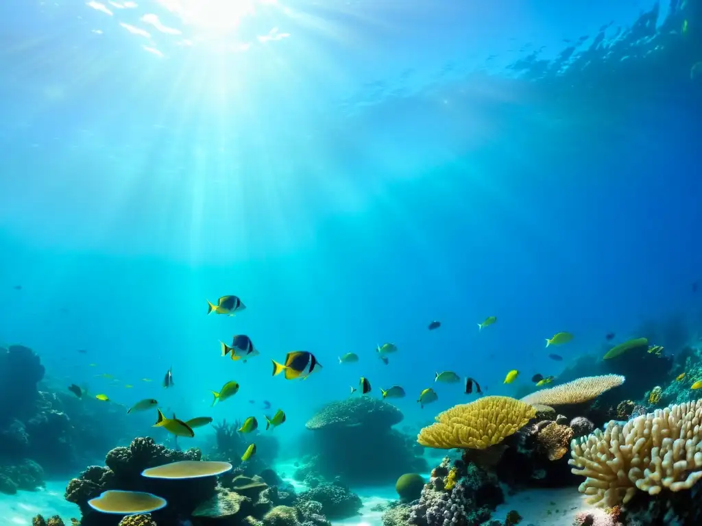 Un arrecife de coral vibrante bajo el agua, con peces coloridos y vida marina