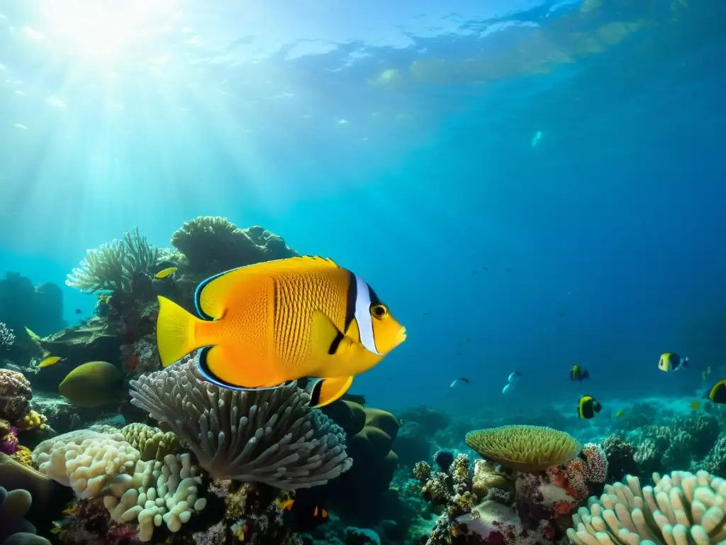 Un arrecife de coral vibrante bajo el agua con peces coloridos y vida marina