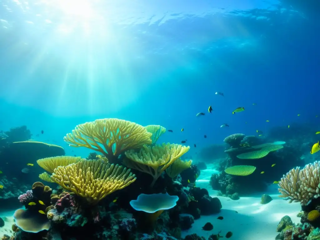 Un arrecife de coral vibrante bajo el agua, con peces coloridos y plantas marinas, iluminado por la luz solar