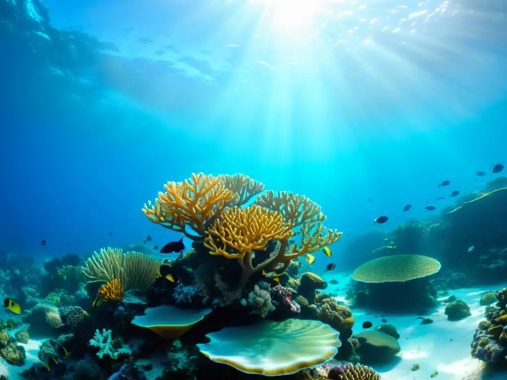 Un arrecife de coral vibrante bajo el agua, con peces tropicales y una variedad de colores