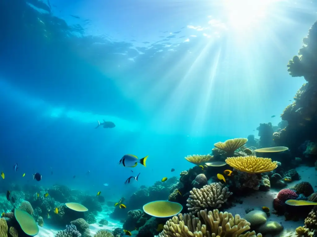 Un arrecife de coral vibrante bajo el agua, repleto de peces coloridos y vida marina