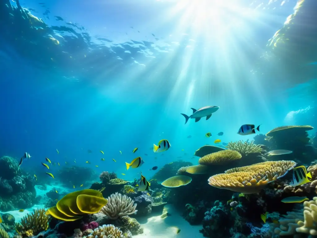 Un arrecife de coral vibrante bajo el agua, repleto de vida marina colorida, incluyendo peces, tortugas y plantas marinas