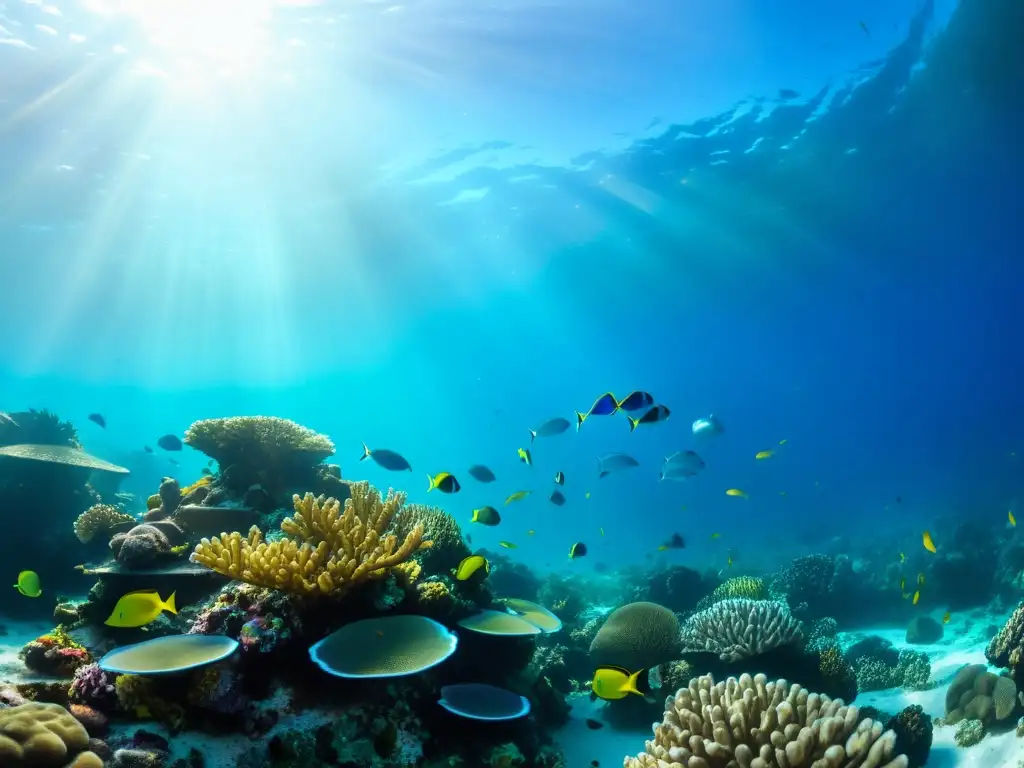 Un arrecife de coral vibrante bajo el agua, repleto de vida marina colorida y con juego de luces y sombras en el fondo del mar