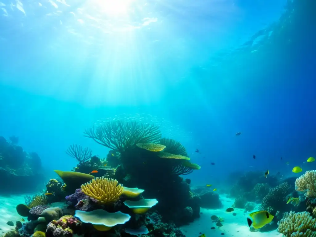 Un arrecife de coral vibrante bajo el agua, repleto de vida marina diversa