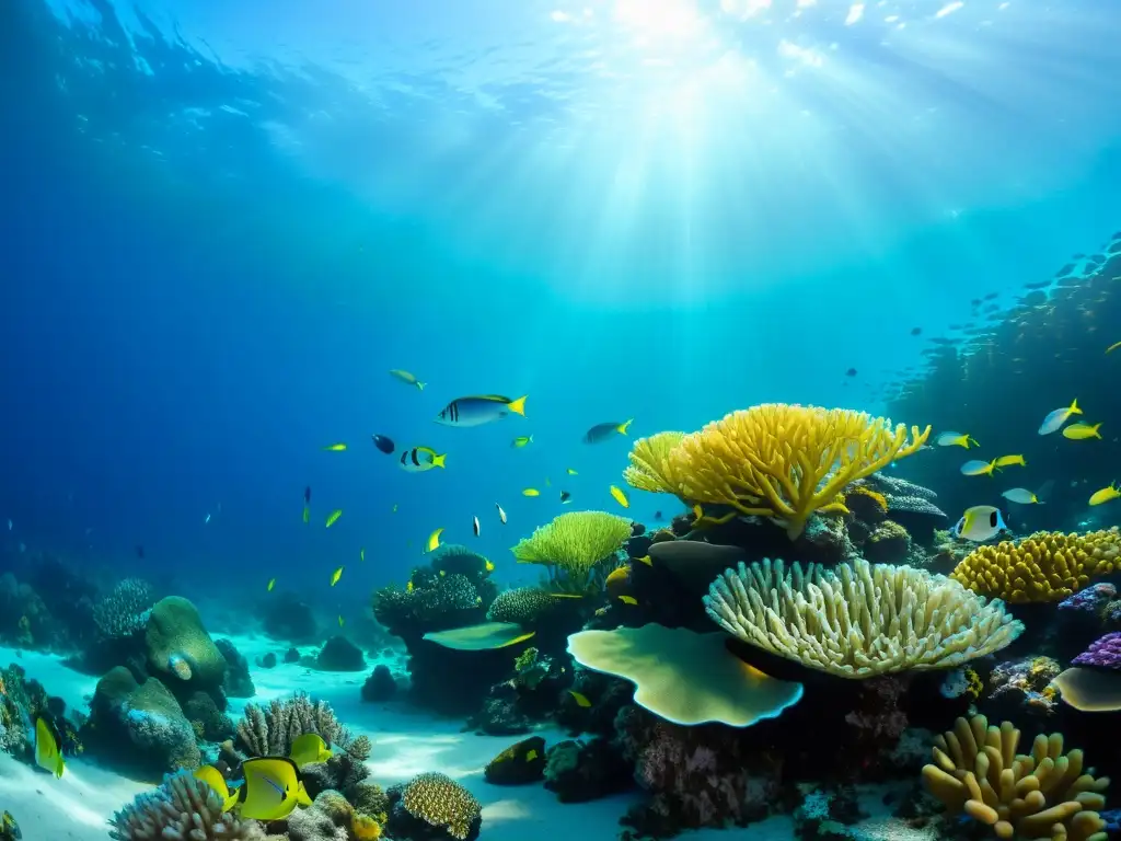 Un arrecife de coral vibrante bajo el agua, teñido de colores y vida marina, muestra los beneficios de los extractos abisales para la piel