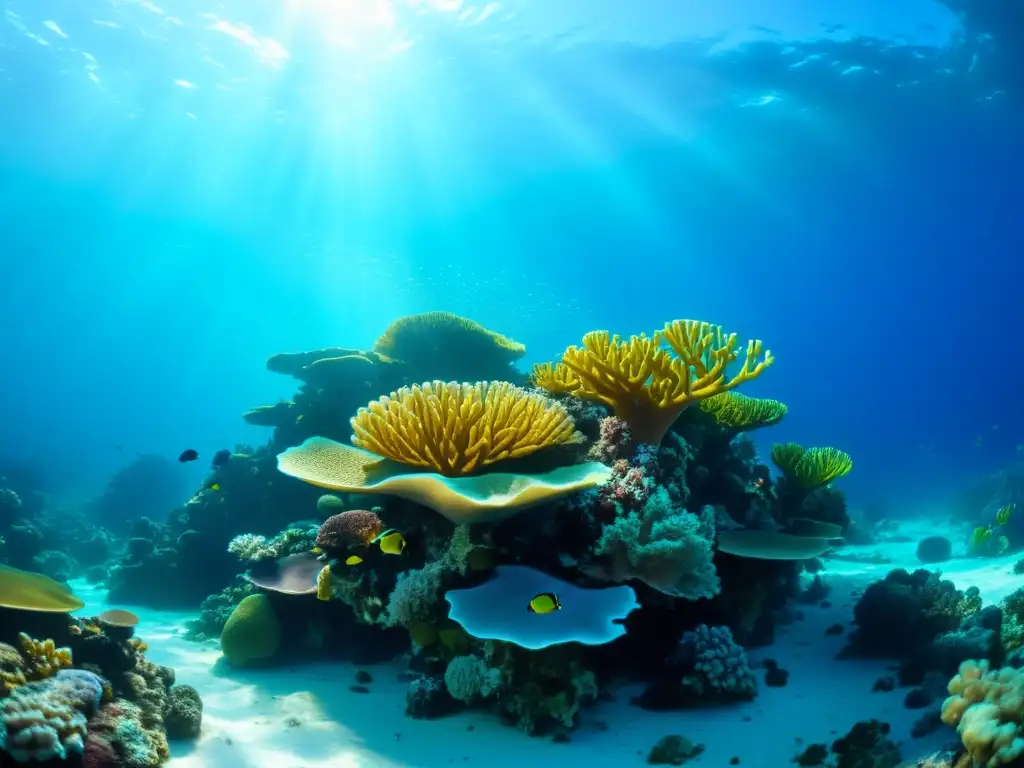 Un arrecife de coral vibrante bajo el agua, con vida marina colorida y detallada