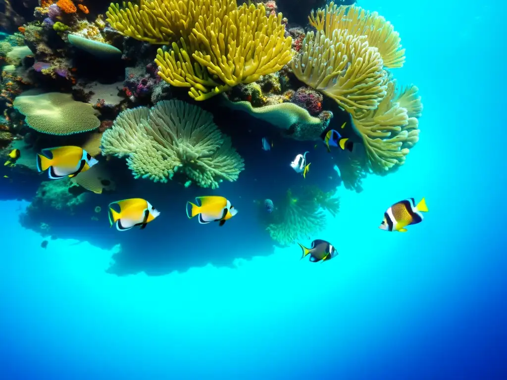 Un arrecife de coral vibrante bajo el agua con vida marina colorida y un patrón de luz solar en el fondo del océano