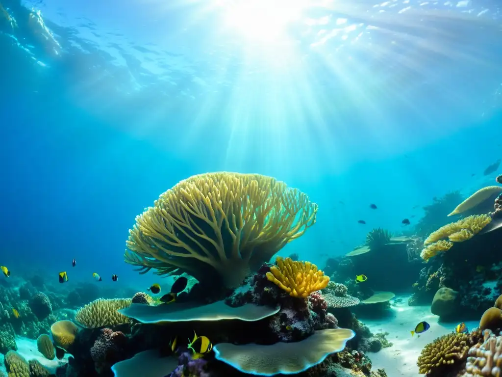 Un arrecife de coral vibrante bajo el agua con vida marina colorida, como peces, anémonas y tortugas marinas, iluminado por la luz del sol