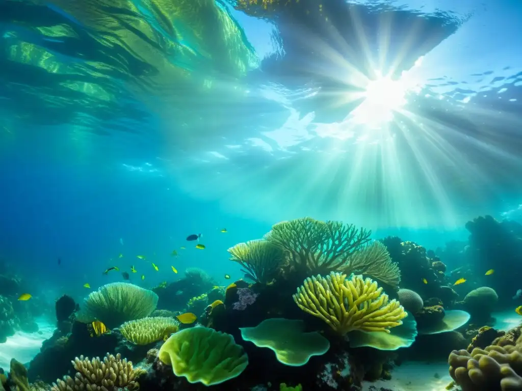 Un arrecife de coral vibrante muestra la belleza de las algas marinas en su hábitat natural, con peces tropicales en movimiento