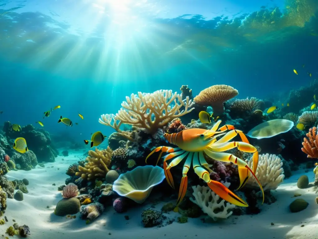 Un arrecife de coral vibrante con cangrejos y langostas marinas, bañado por la luz del sol en el agua cristalina