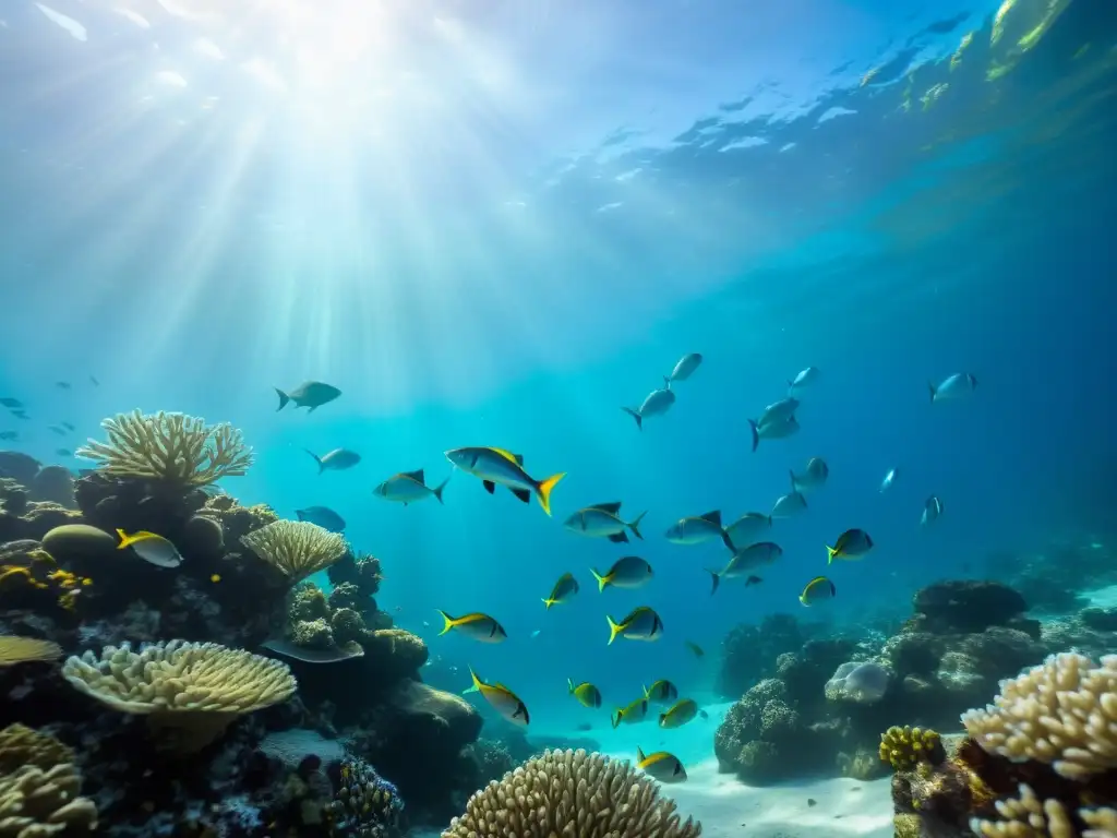 Un arrecife de coral vibrante con cardumen de peces en un ambiente submarino