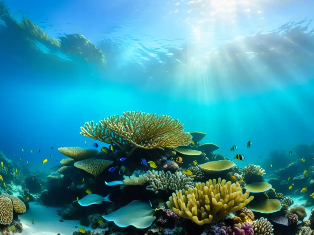 Un arrecife de coral vibrante, con detalles inspirados en el mar, y una diversidad de vida marina colorida y enérgica