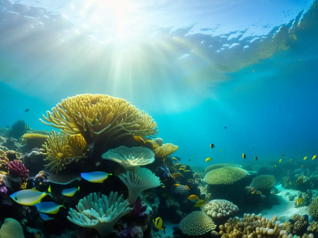 Arrecife de coral vibrante: belleza submarina Un arrecife de coral vibrante con diversa vida marina bajo la cálida luz dorada del sol