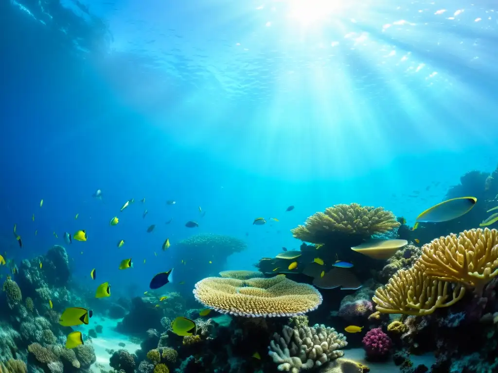 Un arrecife de coral vibrante, con diversa vida marina y colores deslumbrantes, iluminado por la luz del sol