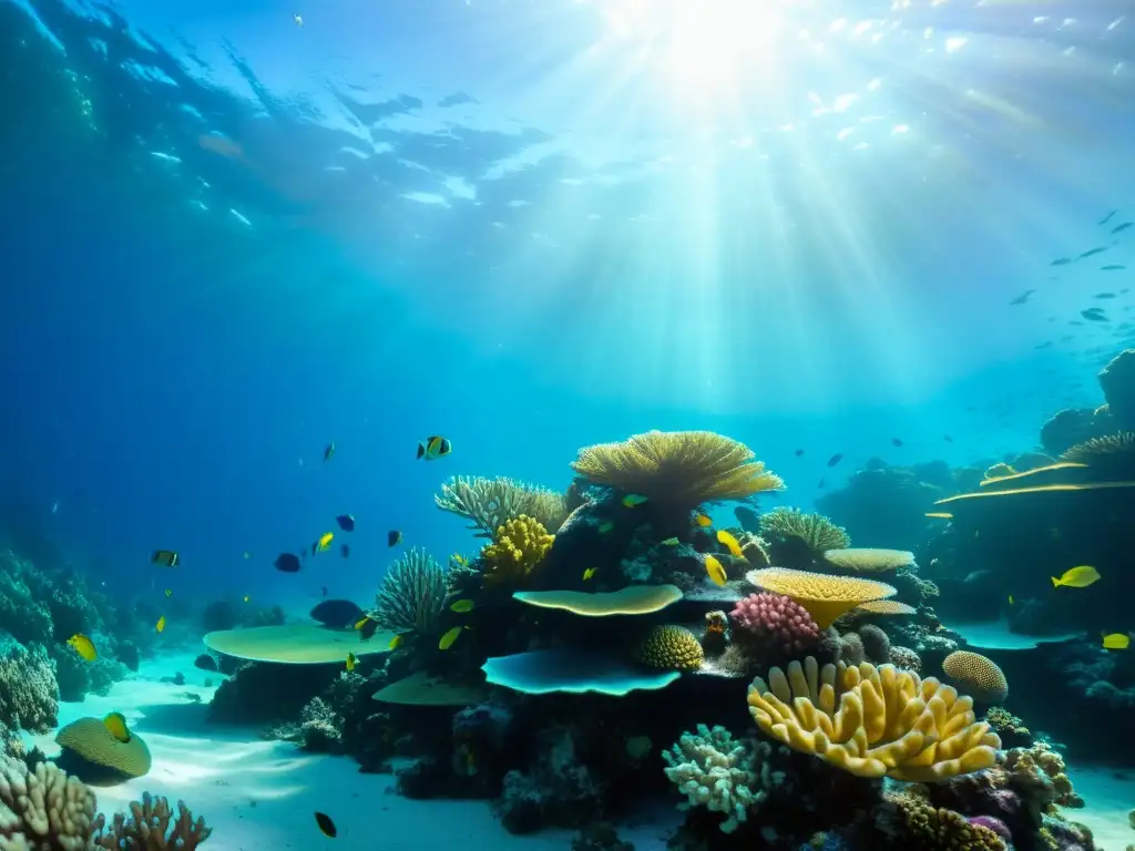 Un arrecife de coral vibrante muestra la diversidad marina y la belleza natural, destacando el impacto del nivel del mar