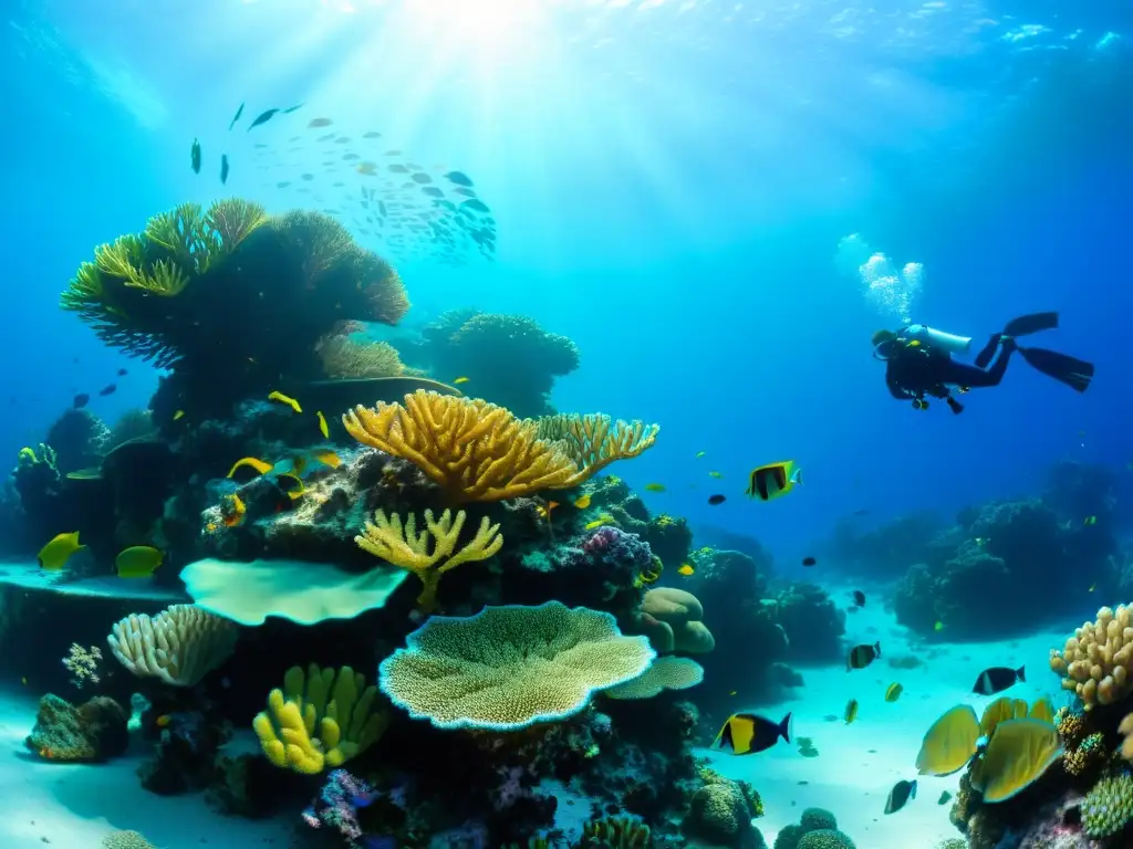 Un arrecife de coral vibrante con diversidad de vida marina y buceadores, capturando la esencia de resorts ecológicos y buceo sostenible