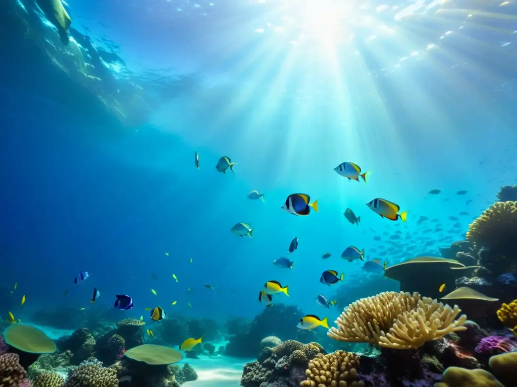 Un arrecife de coral vibrante con una escuela de peces tropicales de colores, bajo la luz del sol en el agua cristalina