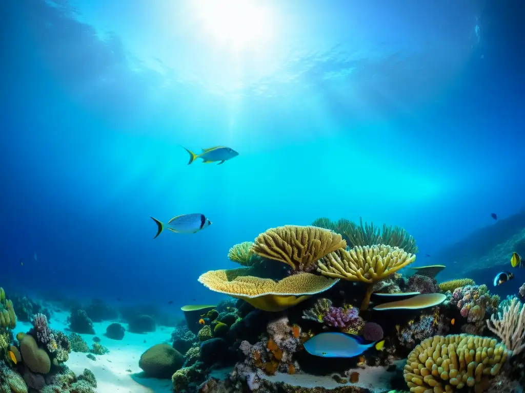 Un arrecife de coral vibrante iluminado por la influencia lunar en mareas marinas, con vida marina diversa y colorida